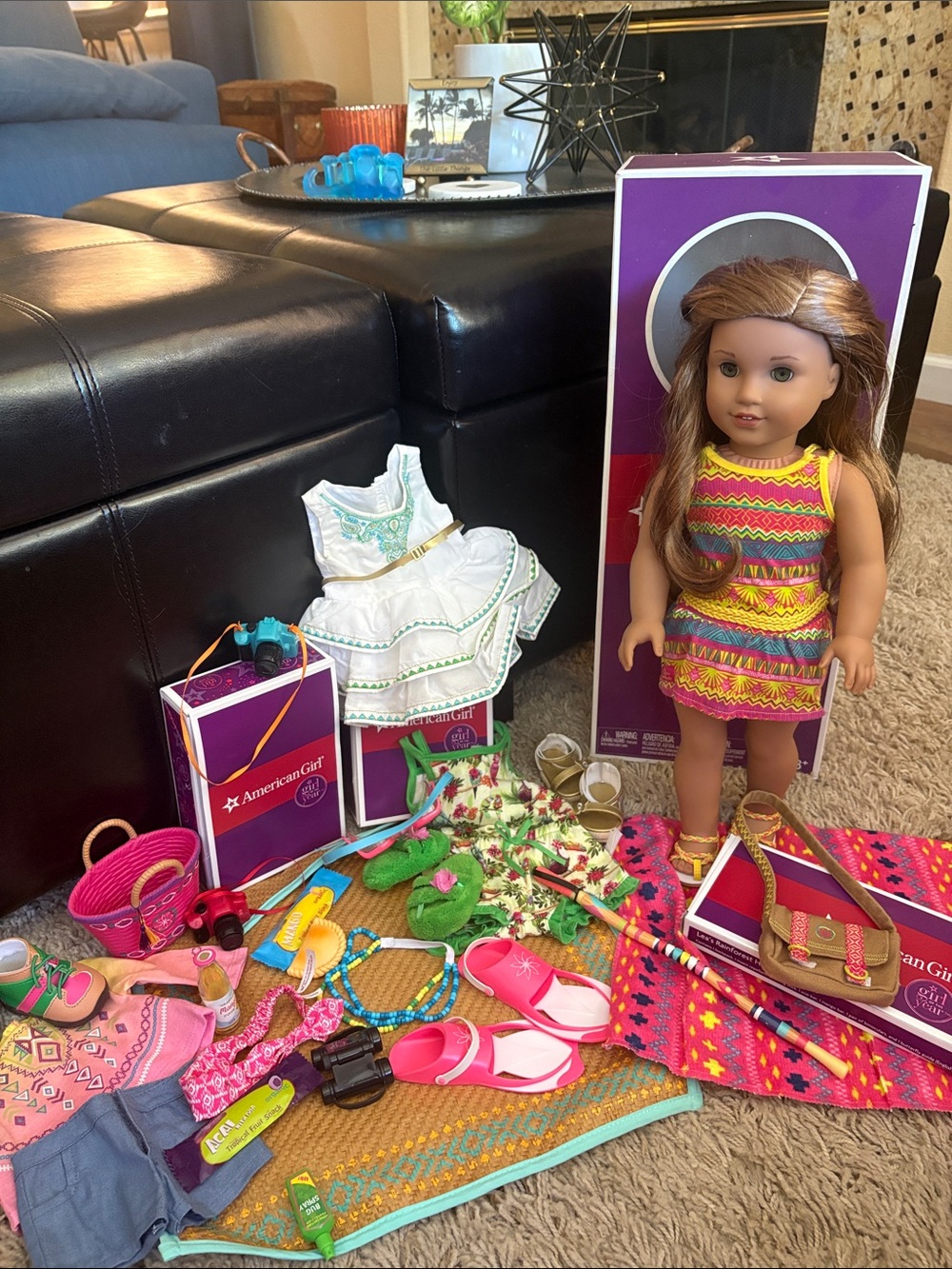 American Girl Brown Hair Doll with Bright Pink and Yellow Dress